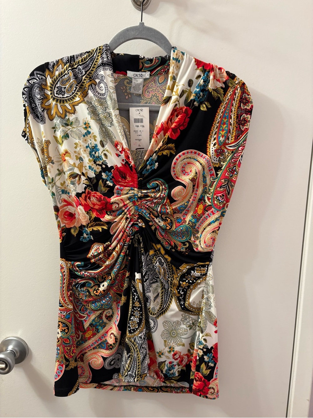 Cache  Paisley & Floral Ruched V-Neck Top - Black/Multicolor Small NWT SEXY